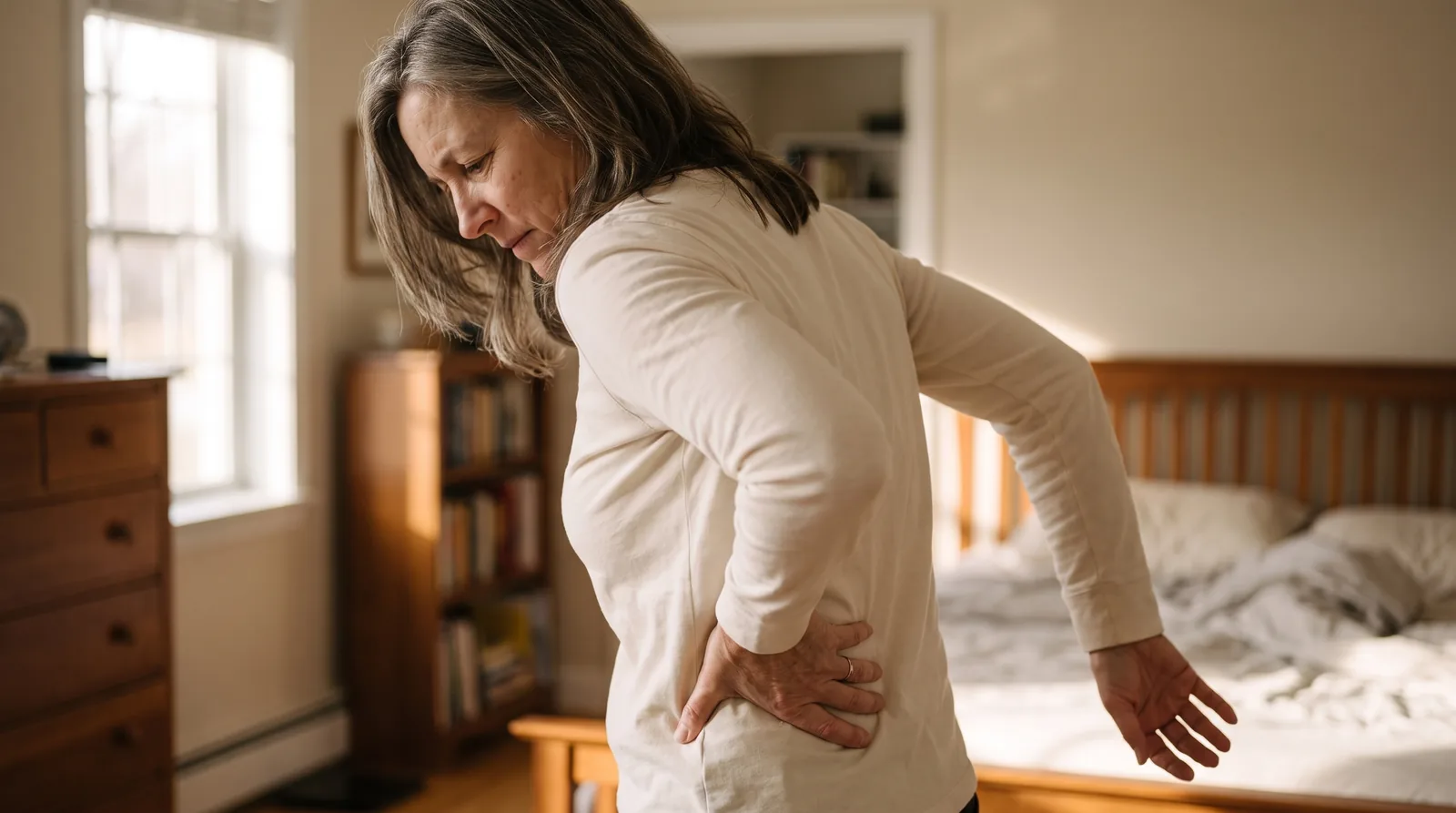 A woman in her fifties in her bedroom, both hands reaching behind her back, unable to bring them together