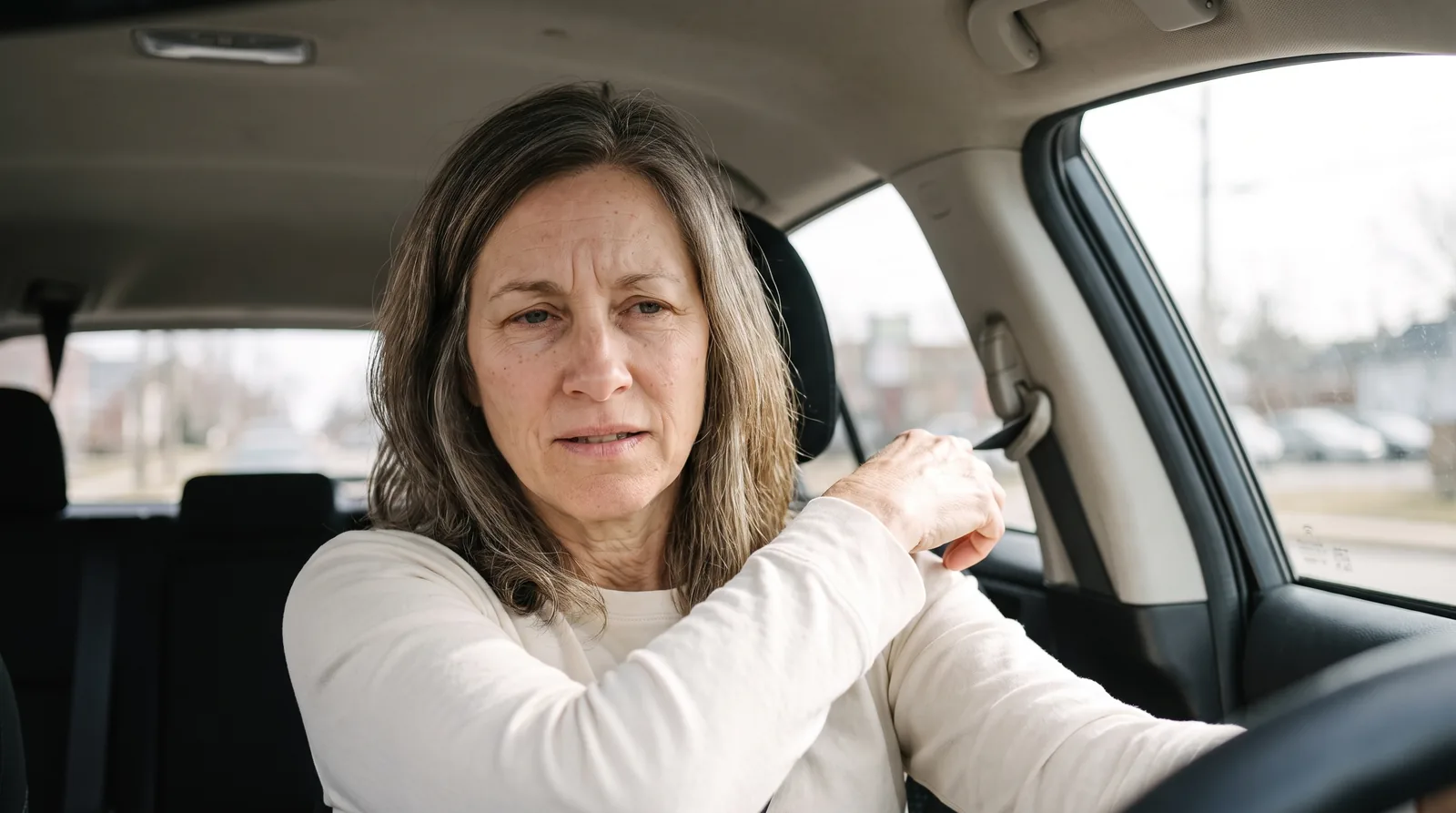 A woman in the driver&rsquo;s seat reaching for the seatbelt, her arm stopping halfway