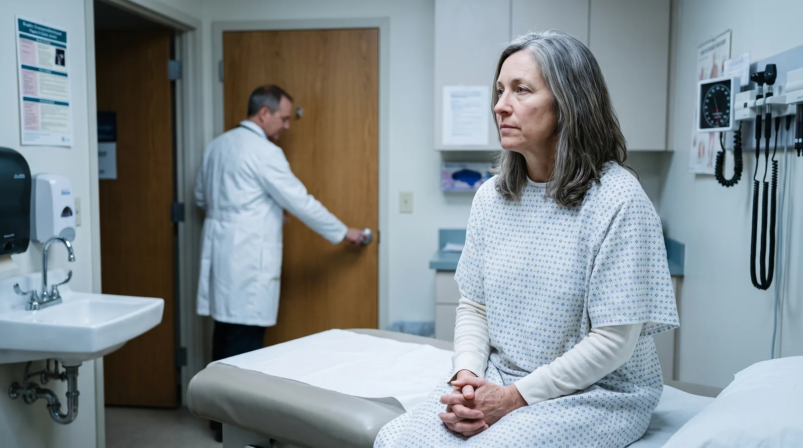 A woman sitting on an examination table, looking away, while the doctor is already reaching for the door