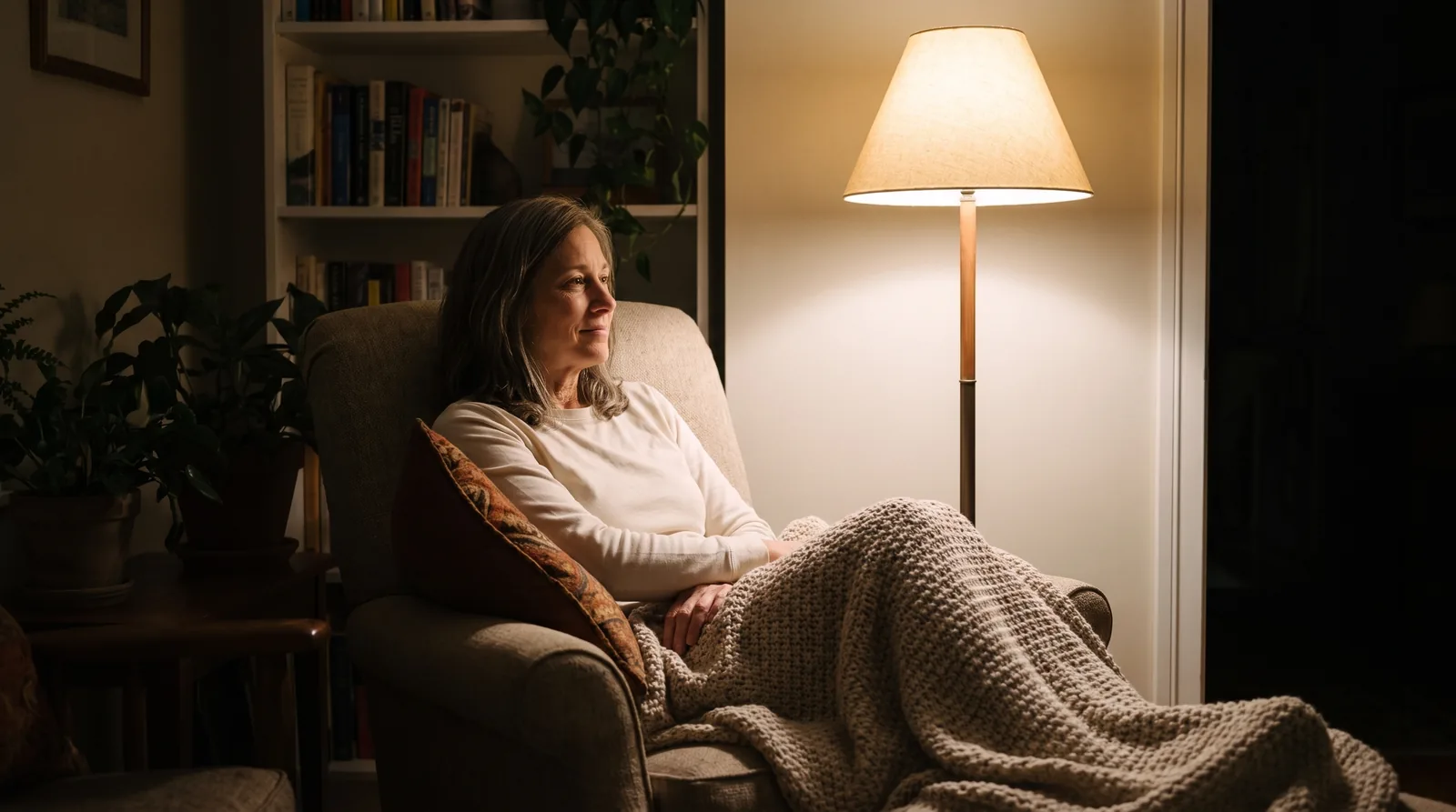 A woman awake at night in an armchair instead of in bed, a pillow wedged under one arm