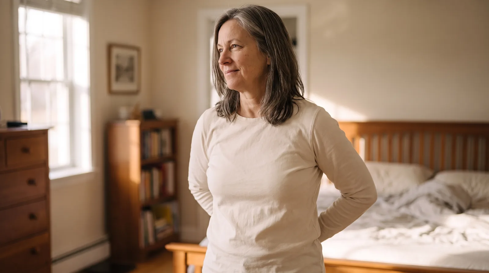 The same woman in the same bedroom, her hands now meeting behind her back